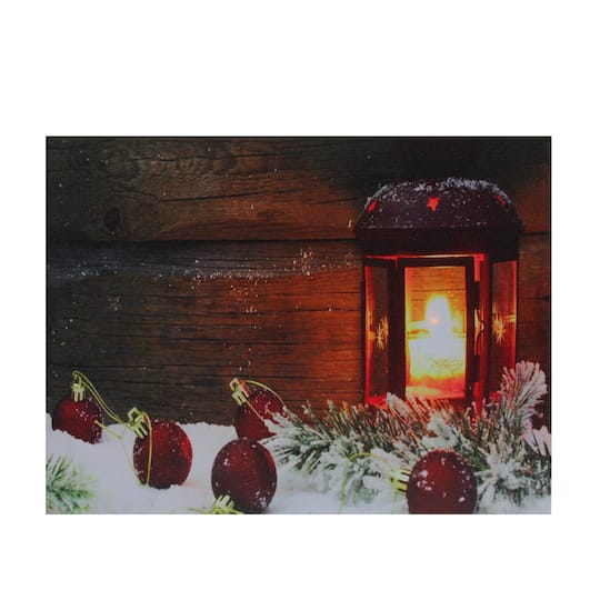 LED Lighted Candle Lantern In The Wintry Outdoors Christmas Canvas Wall Art